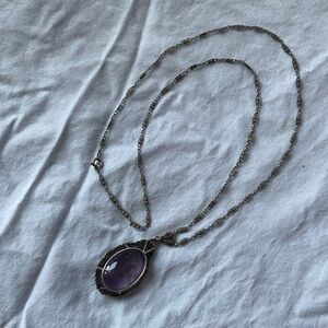 Vintage Sterling necklace, with carved amethyst, circa 1940 Germany, 24” chain